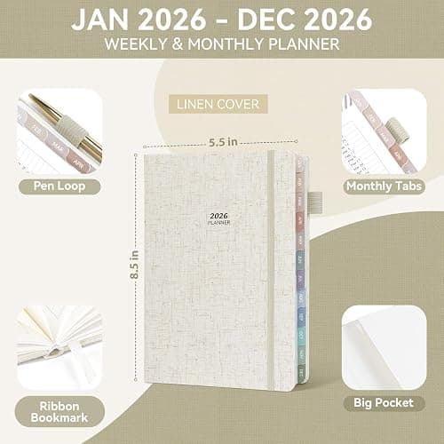 Getink 2026 Planner Weekly & Monthly Daily Agenda Book with Linen cover, 2026 To Do List Notebook with Colorful Monthly Tabs, Inner Pocket, Elastic Closure (Beige,5.5 * 8.5) thumbnail 3