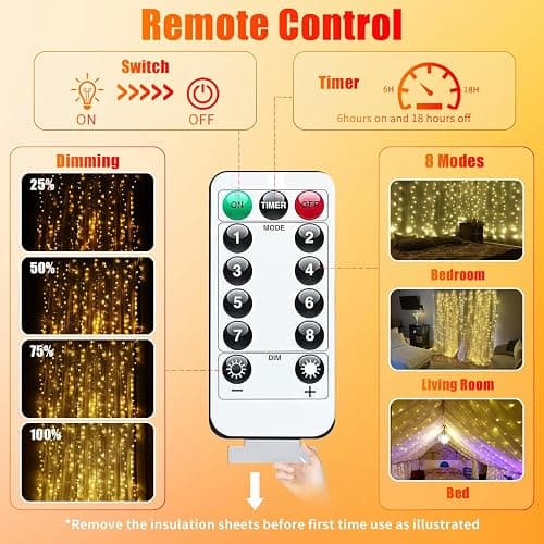 300LED Fairy Curtain Lights, 9.8x9.8Ft Warm White USB Plug in 8 Modes & Timer Christmas String Hanging Lights with Remote for Bedroom Indoor Outdoor Weddings Party Wall Decorations(Warm White) thumbnail 5