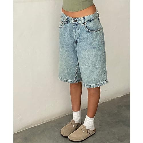 NUFIWI Women Baggy Denim Bermuda Shorts Y2k Vintage Straight Leg Denim Shorts Casual Knee Length Jean Jorts with Pockets thumbnail 4