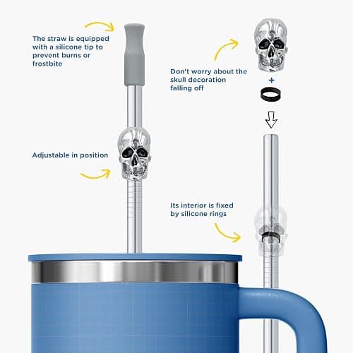 Homestia 8 Pack 10.5'' Reusable Stainless Steel Metal Straws, Skull Decor | Long Drinking Straws, Removable Silicone Tips, with Cleaning Brushes for 30 oz and 20 oz Tumblers, Gothic Halloween Party Use thumbnail 8