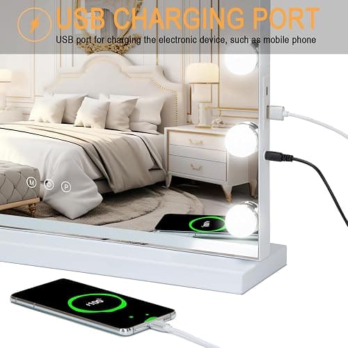 onesaimei Hollywood Vanity Mirror with 14 LED Dimmable Bulbs, Makeup Cosmetic Mirror with Lights, Lighted Vanity Dressing Table Mirror with USB Charging, Touch Screen Tabletop Mirror, 50CM x 42CM thumbnail 6
