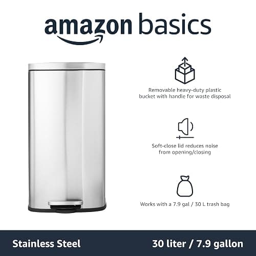 Amazon Basics Smudge Resistant Rectangular Trash Can with Soft-Close Lid, Foot Pedal, Removable Inner Bucket, 30 Liter/7.9 Gallon, Brushed Stainless Steel, Satin Nickel Finish, 13.8"L x 11.8"W x 25"H thumbnail 5