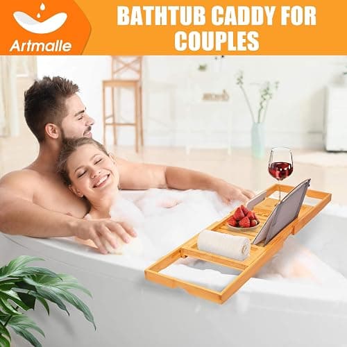 Artmalle Luxury Bathtub Caddy Tray for Tub - Foldable Bamboo Bath Table Tray with Book and Wine Glass Holder, Expandable Bathroom Accessories for Spa or Reading Lite Style thumbnail 8