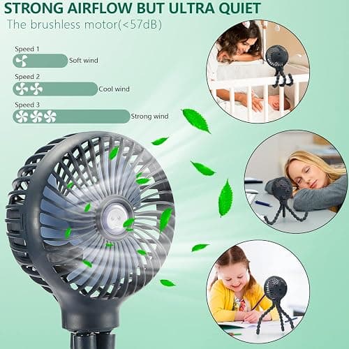 snawowo Mini Handheld Personal Portable Fan, Baby Stroller Fan, Car Seat USB or Battery Powered, with Flexible Tripod Clip on Student Bed Desk Bike Crib Treadmill Camping Traveling(Dark Blue) thumbnail 6