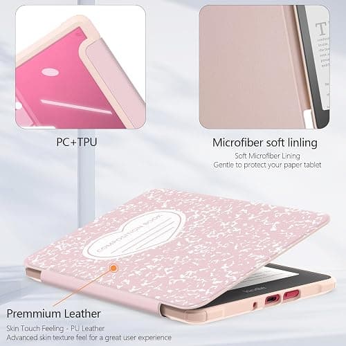 E NET-CASE Case for 7'' All-New Kindle Paperwhite & Kindle Colorsoft 2024/2025,Clear Back Shell Durable PU Leather Cover with Auto Sleep Wake,Love Notebook Pink thumbnail 3