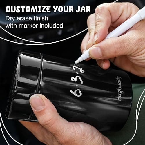 nugbuddy Airtight Storage Container - Vacuum Sealed Insulated w Nested Glass Jar - UV Protection, Temperature Controlled Stainless - Whiteboard Finish w Marker Included - 300 ml (3/4 Oz) thumbnail 6