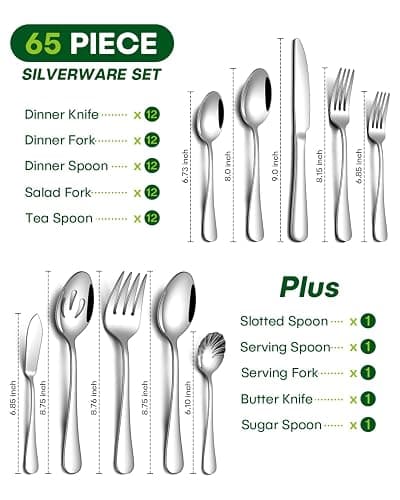 PHILIPALA 65 Piece Silverware Set with Serving Utensils, Stainless Steel Flatware Set for 12 Food Grade Novelty Flatware Cutlery Utensil Set Include Knife Fork Spoon Mirror Polished Dishwasher Safe thumbnail 3