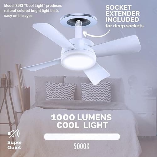 Bell+Howell Socket Breeze Modern Ceiling Fans with LED Lights, 10" LED E26/E27 Screw Base Mini Light Socket Fan with Cord for Bedroom, Living Room, Kitchen, Balcony thumbnail 3