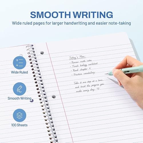 SUNEE Spiral Notebook, 1-Subject, Wide Ruled Paper, 8" x 10-1/2", 100 Sheets per Notebook, 3-Hole Punched Paper, Water Resistant Cover, Double-sided Pockets, Dark Blue thumbnail 5