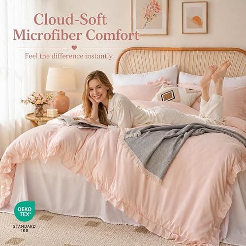 JANZAA WHITE Comforter Set Queen – Soft Microfiber, Lightweight All Season Bedding, Ruffle Shabby Chic Aesthetic, Breathable Cozy Bed Set with 2 Pillow Shams, Machine Washable thumbnail 2