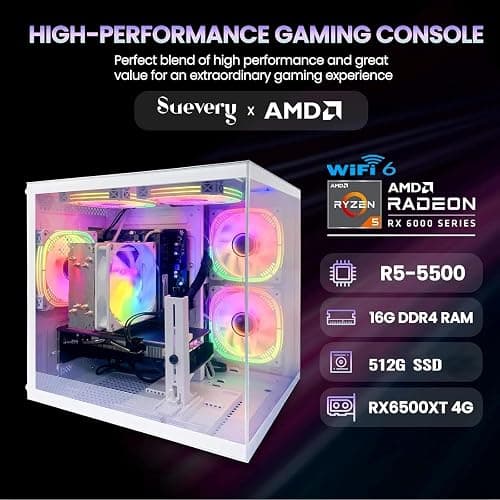 suevery Pre Built Gaming PC Ryzen 5 5500 3.6GHz,(6Core 12Threads Up to 4.2G),Radeon RX6500XT 4G,DDR4 16G Nvme 512G SSD,WiFi 6 Tower Desktop Computer for Home and Office thumbnail 3