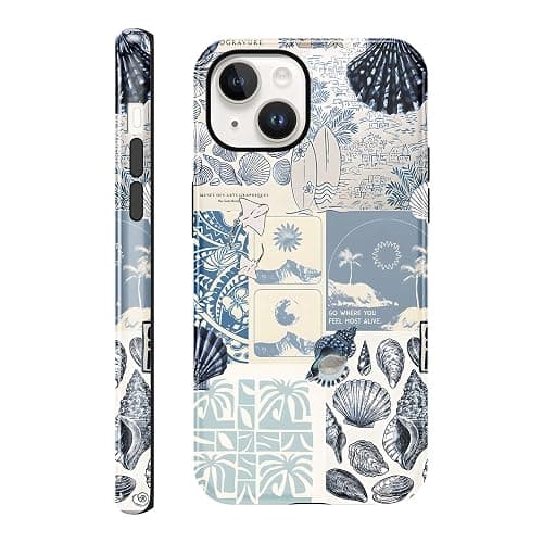 lioscre Case Compatible with for iPhone 13/iPhone 14 6,1'', Beach Blue Collage Coast Cute Aesthetic Protective Phone Case, Vintage Trendy Scratch Resistant Shockproof Cover Case for Girl Boy Women Men - Image 1