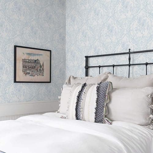 Ismoon Peel and Stick Wallpaper Vintage Floral Contact Paper Boho Watercolor Blue Damask Wallpaper Textured Removable Self Adhesive Vinyl Wall Paper for Bedroom, 17.3 in X 6.5 ft thumbnail 4
