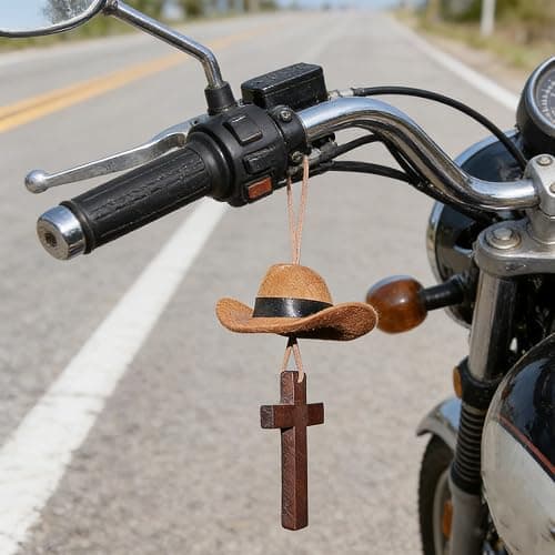 Cowboy Hat Cross Car Charm,Retro Western Country Rearview Mirror Hanging Mini Cute Car Interior Decoration for Men Women (Black) thumbnail 2