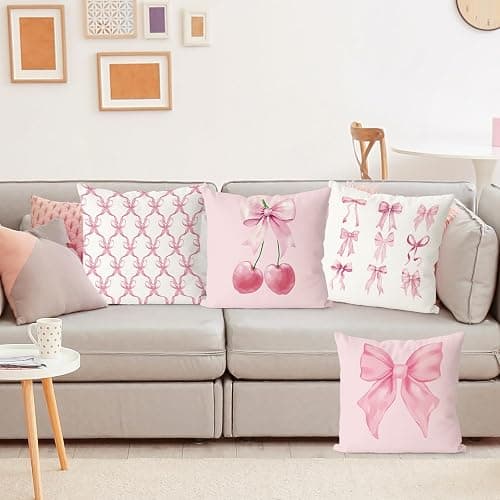 Lebsitey 4Pcs 18×18 Cherry Pillow Covers, Pink Bow Pillow Covers, Girls Room Decorative Pink Pillow Cover for Home Bedroom Living Room Decor Valentine's Day Gift thumbnail 2