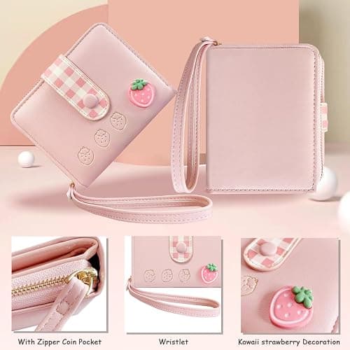 Sunwel Fashion Strawberry Wallet Card Holder Small Cute Wallet Zipper Coin Pocket Wallet for Women Girls (PINK) thumbnail 5