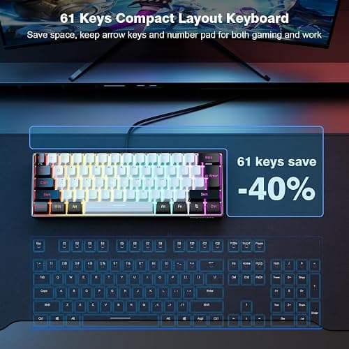 Snpurdiri 60% Wired Gaming Keyboard, 61 Keys RGB Backlit Ultra-Compact Small Gaming Keyboard, for PC/Mac Gamer, Typist, Travel, Easy to Carry on Business Trip(Black-White) - Black and White thumbnail 3