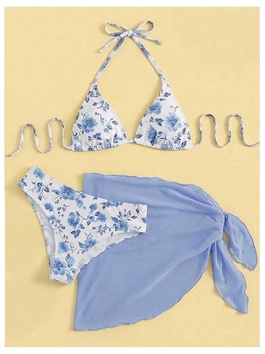 SHENHE Women's 3 Piece Floral Bikini Set with Wrap Coverup Halter Triangle Swimsuits thumbnail 4