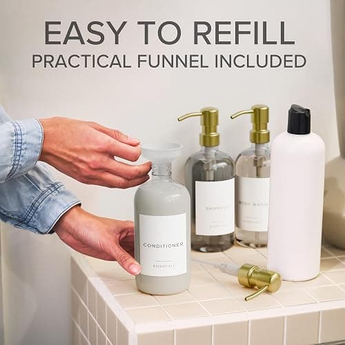 Stylish Shampoo and Conditioner Dispenser Set of 3 - Modern 21oz Shower Soap Bottles with Pump and Labels - Easy to Refill Body Wash Dispensers for an Instant Bathroom Decor Upgrade Clear thumbnail 5