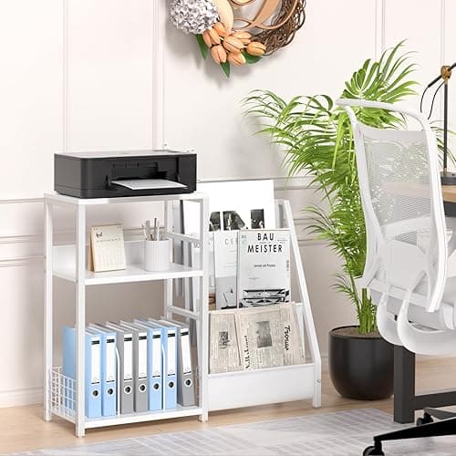 LELELINKY Record Player Table,Turntable Shelf with Vinyl Storage Up to 150 Albums,White Side Table with 3 Tier Magazine Periodical Book Rack,Wide Metal Record Holder Cabinet for Room Office - Natural White thumbnail 8