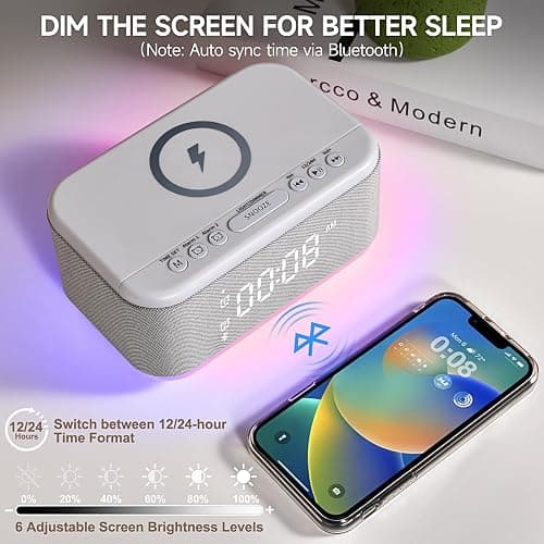 Fansbe Tech Alarm Clock Speaker Wireless Charger, Digital Alarm Clocks Bedrooms Bluetooth, Alarm Clock Dimmable Light Bedrooms Dual Alarm Snooze Dimmer 12 24H RGB Night Light Bluetooth USB AUX, Gray - Gray thumbnail 3