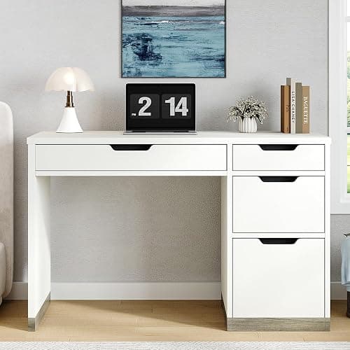 MaverickFurni White Desk with Drawers, 48 Inch Small Computer Desk with 4 Storage Drawers for Small Space, Home Office Desk for Bedroom with Storage File Drawer thumbnail 7