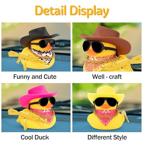 wonuu Rubber Duck Car Ornaments Duck Car Dashboard Decorations for Cool Car Accessories with Cowboy Hat Necklace and Sunglasses, A_Black Cowboy hat thumbnail 5