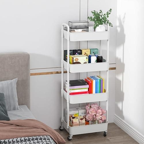 Sywhitta 4-Tier Plastic Rolling Utility Cart with Handle, Multi-Functional Storage Trolley for Office, Living Room, Kitchen, Movable Storage Organizer with Wheels, White thumbnail 7