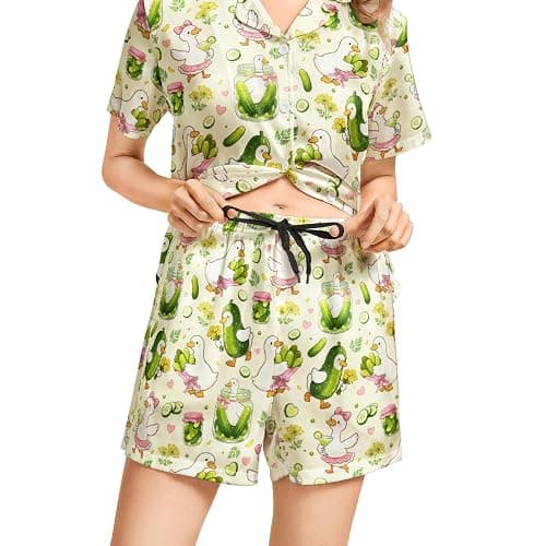 WELLINZER Satin Silk Pajamas for Women 2Pcs Collar Sleepwear Button Down Short Sleeve Shorts Pjs Set Loungewear thumbnail 6