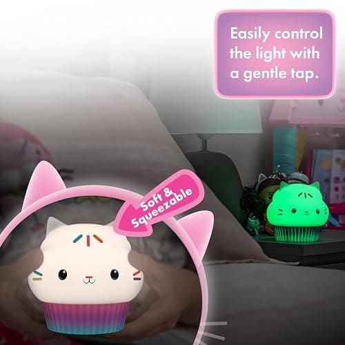 Lights By Night Squish'ems Gabby's Dollhouse Cakey Cat Night Light for Kids | 13 Color Modes and Dimmable Warm White Light for Kids Room, Nursery, and Bedroom, USB Powered with AAA Battery Option thumbnail 4