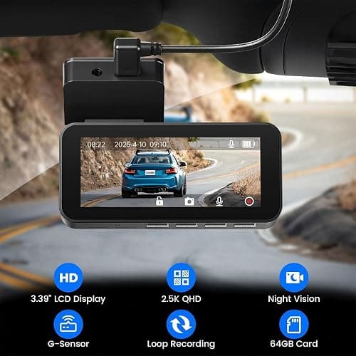 Yonvim 2.5K Dash Cam Front and Rear with 64GB Card, Car Camera WiFi & GPS, 3.39" IPS Screen, WDR Night Vision, Parking Monitor, G-Sensor Dash Camera thumbnail 3