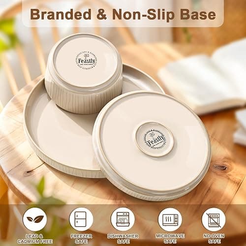 Feastly Stoneware Dinnerware Sets for 4, 12 Pcs Ribbed Reactive Glaze Ceramic Plates and Bowls Sets, Chip Resistant, Microwave Dishwasher Safe Dish Set, Housewarming Gifts, Cappuccino White thumbnail 7