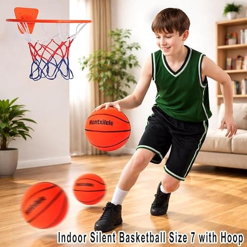 Montxilele Indoor Silent Basketball Size 7 with Hoop (29.5") – Airless Foam Ball for Quiet Indoor Dribbling, Ships Uncompressed, Foldable Wall-Mounted Hoop with Adhesive Mount, No Drilling thumbnail 2