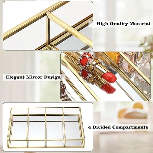 Hipiwe Sunglass Organizer Tray, 4 Grids Eyeglasses Watch Holder Gold Glass Eyewear Glasses Storage Case for Women Men, Mirrored Jewelry Perfume Vanity Display Tray Drawer Divider Insert thumbnail 4