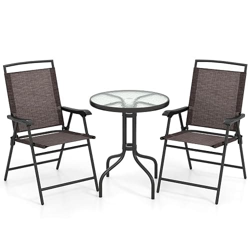 Goplus Patio Bistro Set, 3-Piece Patio Dining Furniture Set with Round Tempered Glass Table, 2 Foldable Chairs, Small Outdoor Folding Chairs & Table Set for Porch Garden Pool Yard - Image 1