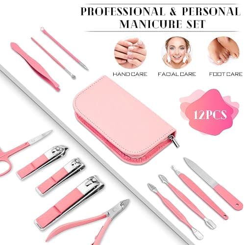BLESWIN Manicure Pedicure Set, 12 Pcs Nail Care Kit for Women, Mens Nail Grooming Kit, Manicure & Pedicure Tools & Accessories, Pink Nail Kit Manicure Set Luxury Leather Case for Home Salon Use thumbnail 2
