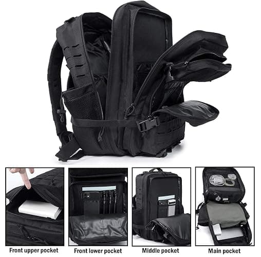 QT&QY 25L/45L Grande capacité Sacs à dos tactiques militaires pour hommes Sac de jour Molle sac à dos de fitness Sac à dos de randonnée avec porte-bouteille thumbnail 5