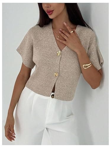 SOLY HUX Women's Short Sleeve Office Spring Winter Cardigan Sweater Button Down V Neck Slim Fit Elegant Knit Tops thumbnail 2
