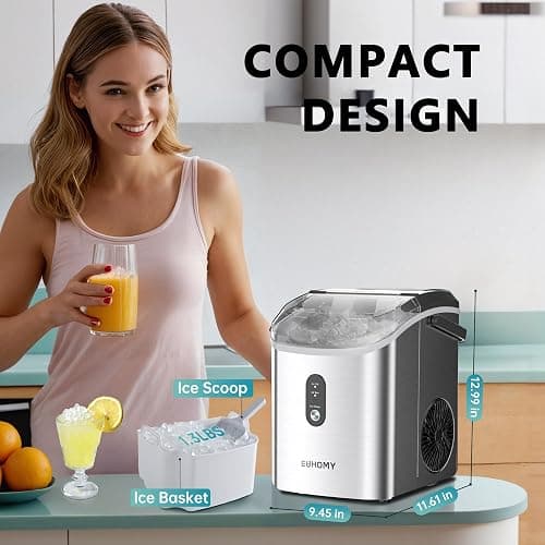 EUHOMY Nugget Ice Maker Countertop with Handle, Ready in 6 Mins, 34lbs Per Day, Removable Top Cover, Auto-Cleaning, Portable Sonic Ice Maker with Basket and Scoop, for Home/Party/RV/Camping (Silver) thumbnail 8