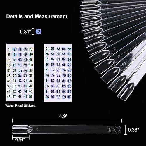 UPZIGS Nail Swatch Sticks with Number Stickers, Transparent-100pcs | Fan-Shaped Nail Art Practice Tips with Ring, 2 copies 1-100 Holographic Stickers, Nail Polish Color Display & Organization thumbnail 4