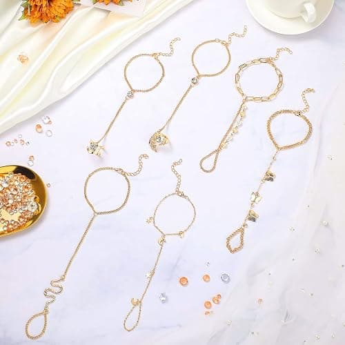 Fumete 6 Pcs Finger Ring Bracelet, Hand Chain Jewelry | Slave Bracelet Woman, Rhinestone Hand Harness Chain, Rose Gold Silver Hand Jewelry, Daily Wear Parties Events Accessory thumbnail 7