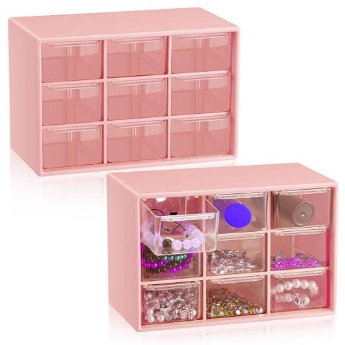 Wenqik 2 Pcs Mini Storage Drawers Teacher Toolbox Organizer with 9 Clear Drawers Small Plastic Desktop Teacher Desk Craft Organizer for Classroom Office 7" x 3. 9" x 4. 7"(Pink) - Image 1