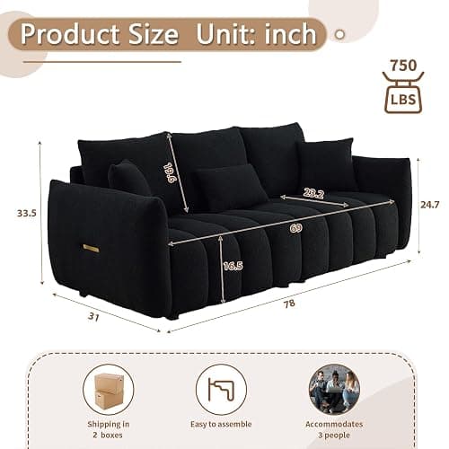 Antetek 78" Modern Sofa Couch, Comfy Deep Seat Teddy Cloud Sofa, Upholstered 3-Seater Boucle Couch, Oversized Loveseat for Living Room, Bedroom, Office, Apartment, Black thumbnail 2