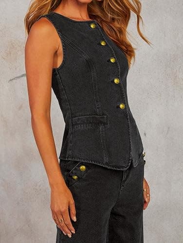 loveimgs Women 2 Piece Denim Set Button Sleeveless Jean Vest Denim Top Y2k Shirt Wide Leg Jeans Palazzo Pants Outfits thumbnail 4