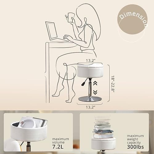LUE BONA 360°Swivel Vanity Stool Chair for Makeup Room, Height Adjustable Stool for Vanity with Storage, Small White Faux Leather for Bathroom, Living Room thumbnail 2