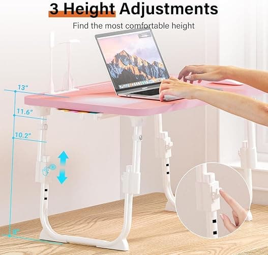 DECOSIS Bed Desk Height Adjustable, Bed Laptop Table with USB/Storage Drawer/Cup Holder/Tablet Stand/Book Shelf, Foldable Breakfast Tray Portable for Reading Writing, Bed, Sofa & Floor, Wood, Pink thumbnail 3