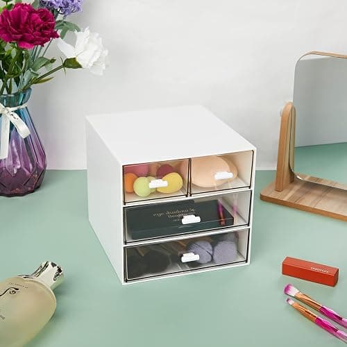 Desk Organizer with 4 Drawers, Clear Plastic Desk Storage Box, Desktop Organization for Office Supplies, Gel Pens, Pencils, Markers, Tape, Erasers, Paperclips, Chargers (White-4 Draws) thumbnail 7