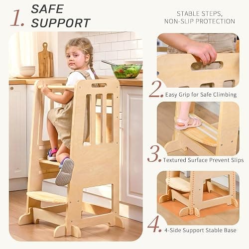 WINGYZ Toddler Tower - Anti-Tip Natural Wood Learning Stool for Kids 18M-6Y, 150lb Capacity Kitchen Helper Stool with 3-Height Adjustable Platform and Sliding Door Access, 20lb Portable Design, Wood thumbnail 3