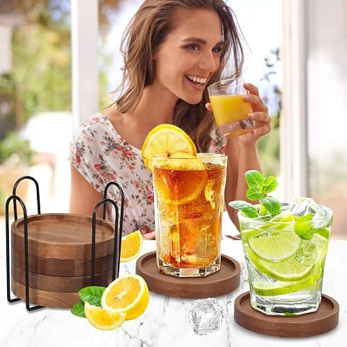 6 Pcs Best Wooden Coasters with Holder Coffee Table Decor Acacia Wood Coaster Set Modern Cup Coaster for Drink Home Dining Table Kitchen Accessories Cute Beer Bar Decorative Rustic Outdoor Coasters thumbnail 2