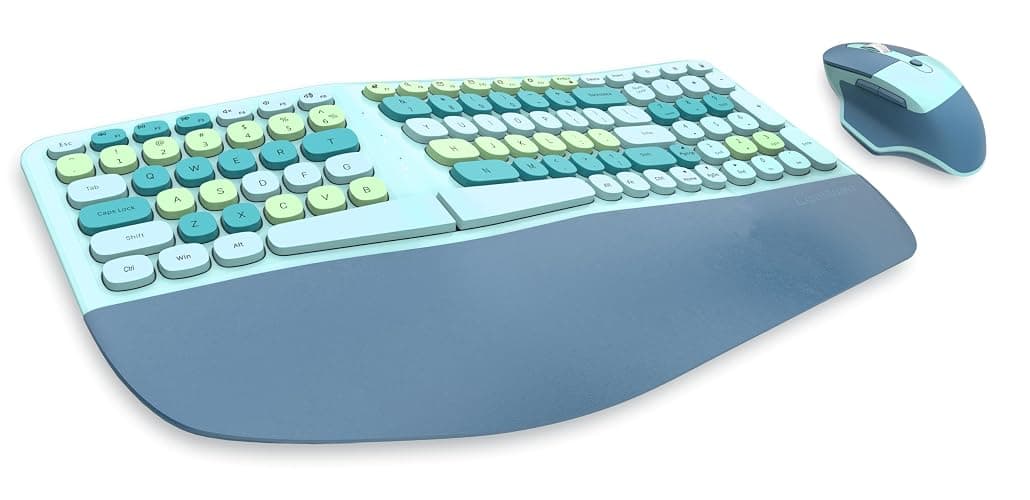 Wireless Ergonomic Keyboard and Mouse Combo with PU Wrist Rest, Carpal Tunnel Keyboard, 2.4G Colorful Split Ergo Keyboard, Comfortable Natural Typing, Compatible with PC/Laptop (Blue) thumbnail 2